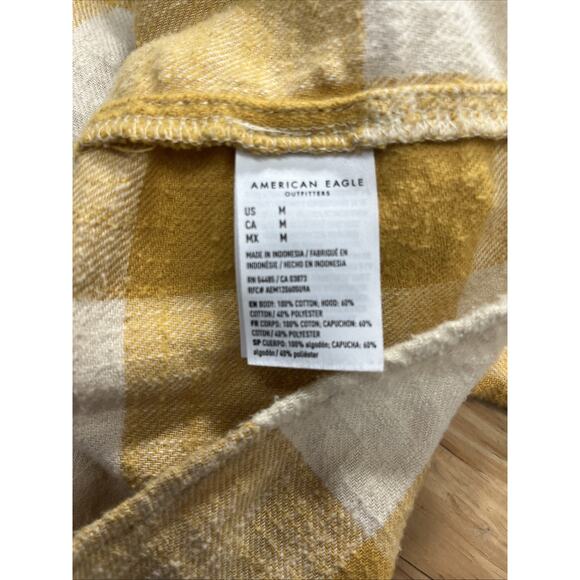American Eagle Flannel Shirt Yellow Ivory Hooded Button Up Long Sleeve Size M - Picture 7 of 7